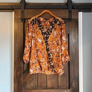 Zac & Rachel Blouse Womens Small Rust Orange Floral Surplice Crossover Pullover‎